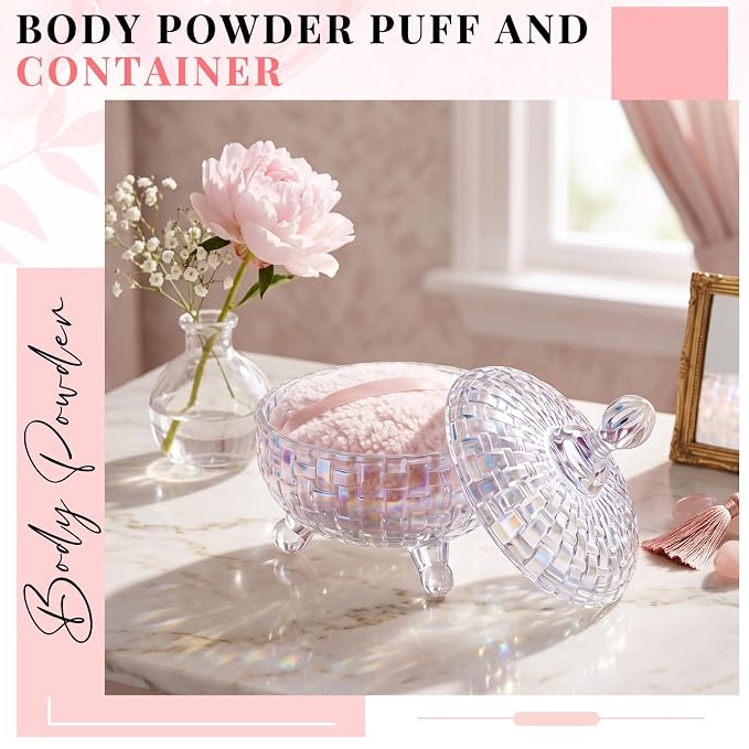 Tioncy 2 Pcs Extra Large Dusting Powder Puff and Container for Women-6'' Glass Crystal Dusting Powder Container with Body Soft Washable Reusable Velour Face(Glitter,Weave Design)