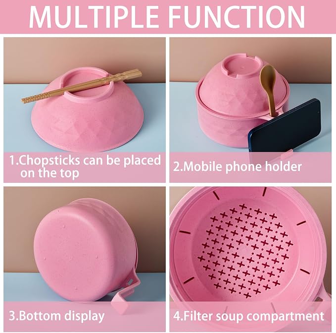1 Set Microwave Ramen Cooker 40oz Wheat Straw Microwave Noodle Bowl Set with Chopsticks, Spoon, Fork, College Dorm Office Apartment Essentials (Pink)