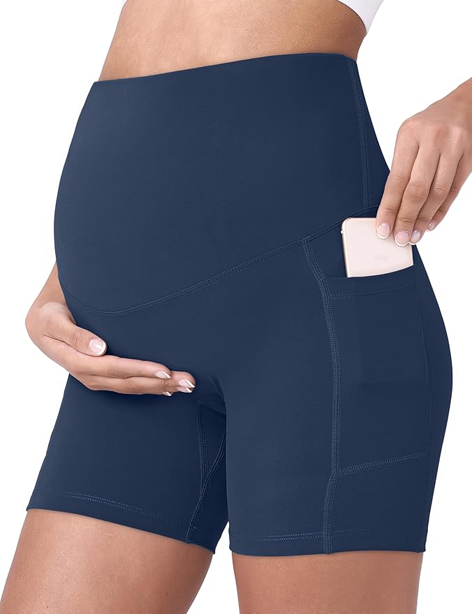 POSHDIVAH Women's Maternity Yoga Shorts Over The Belly Bump Summer Workout Running Active Short Pants with Pockets 5"/8"