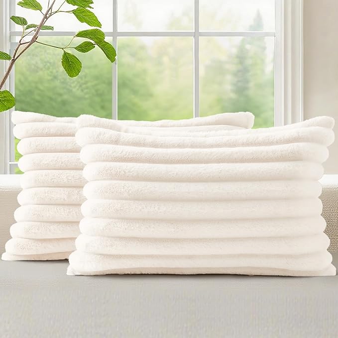 decorUhome Fall Faux Fur Throw Pillow Covers 12x20 Set of 2 Cream White | Decorative Soft Cozy Striped Plush Modern Farmhouse Boho Couch Pillow Cases Velvet Back for Sofa Bed Living Room Home Decor