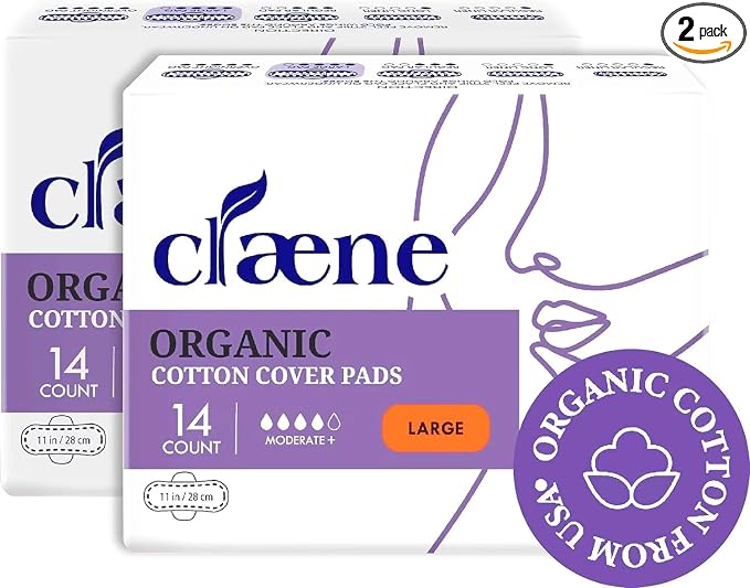 Claene Organic Cotton Cover Pads, Menstrual Large Pads for women, Unscented, Breathable, Natural Sanitary Napkins with Wings (2Pack, Total 28)