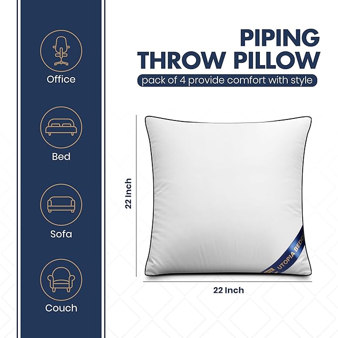 Utopia Bedding 22x22 Throw Pillow Inserts, Decorative Pillows, Pack of 4 | Piping Throw Pillows, Plush & Supportive, Aesthetic Cushion Sham Stuffer for Sofa, Office, Couch & Bed, Set of 4, White