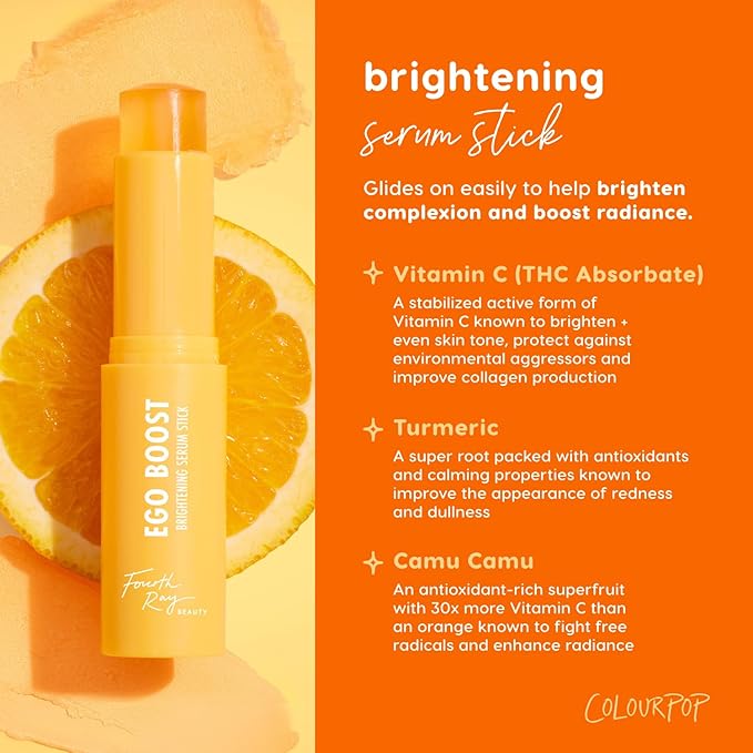 ColourPop Brightening Vitamin C Serum Stick - Radiance-Boosting Face Serum Stick for Glowy Summer Makeup Prep - Enriched with Turmeric to Help Improve the Appearance of Redness - Ego Boost (0.25 oz)