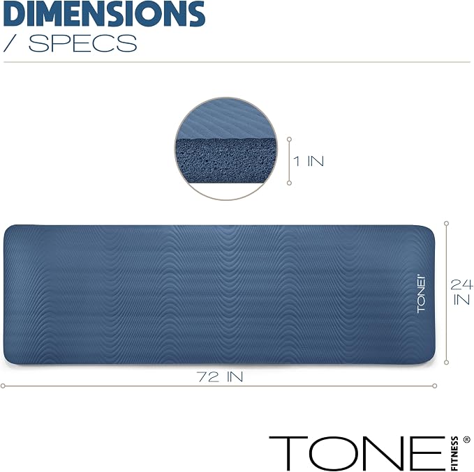 Tone Fitness 1-Inch Thick Yoga Mat | High-Density, Non-slip Exercise Mat with Carrying Strap for Yoga, Pilates, & Home Gym Workouts | Multiple Options