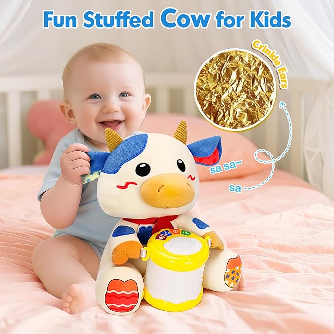 Baby Toys 6-12 Months, Cow Musical Plush with Lights, ABCs, Animal Sounds, Numbers, Infant Early Learning Toy,Christmas Birthday Gifts for 6+ Month Boys &Girls