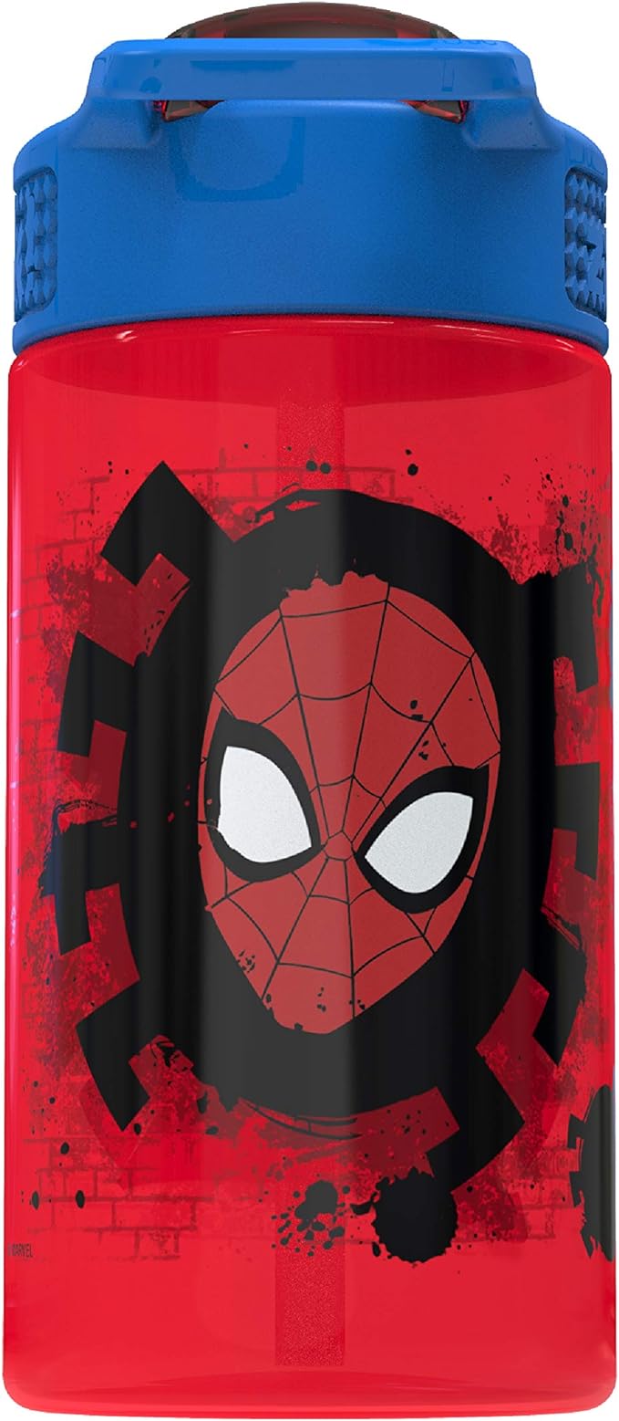 Zak Designs Marvel SpiderMan Kids Spout Cover and Built-in Carrying Loop Made of Plastic, Leak-Proof Water Bottle Design (16 oz, BPA-Free)