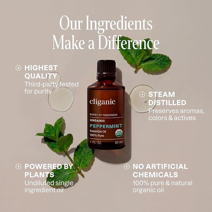 Cliganic Organic Peppermint Essential Oil, 1oz - 100% Pure Natural Undiluted, for Aromatherapy | Non-GMO Verified
