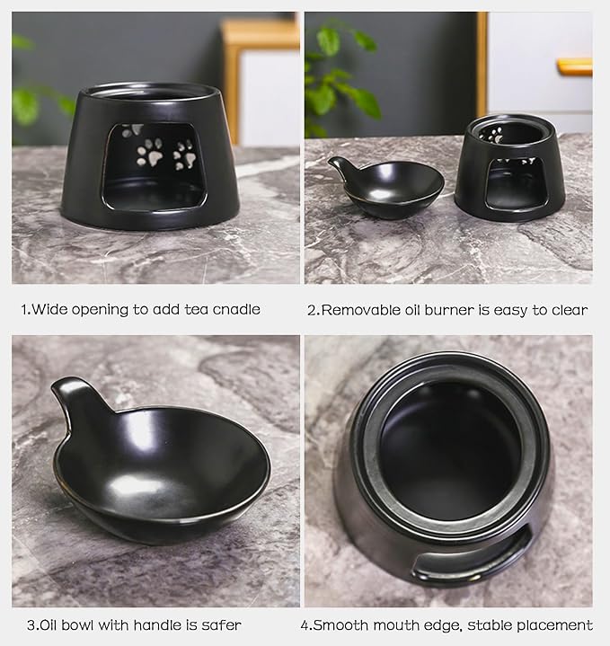 Black Ceramic Essential Oil Burner for Scented Oil,Tealight Wax Melt Warmer,Candle Diffuser,Tea Light Holder,Wax Melt Burner,Yoga Aromatherapy Fragrance Diffuser for Living Room,Bedroom,Office,4*5 IN