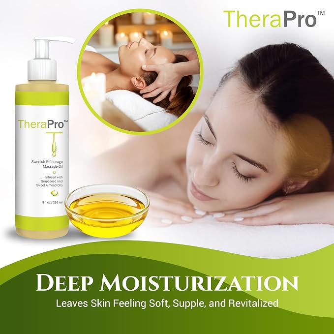 Swedish Effleurage Massage Oil by TheraPro - 8 Ounce - All Natural Unscented Massage Oil for Massage Therapy - Grapeseed Oil, Almond Oil, Jojoba, Vitamin E - Water Soluble