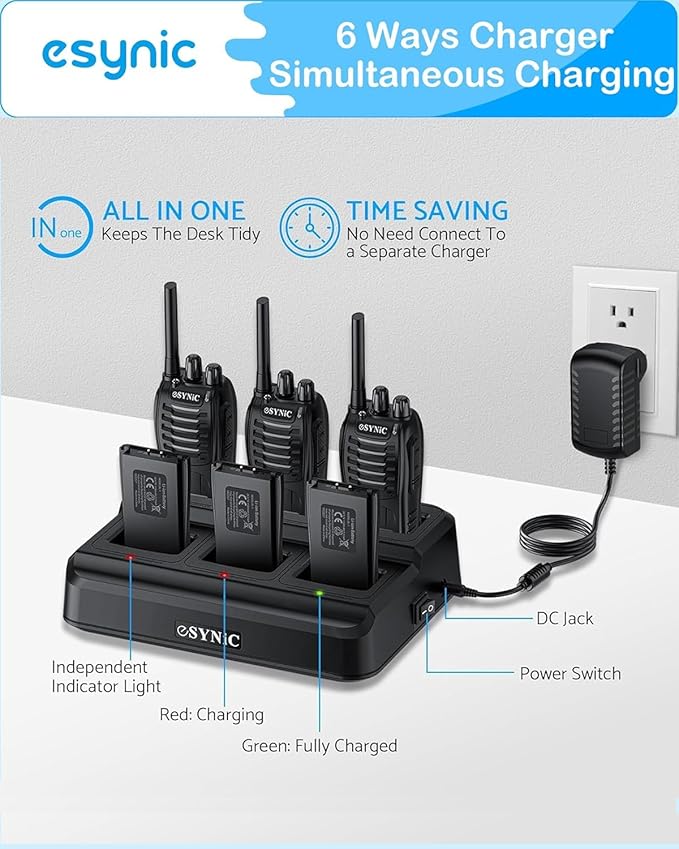 eSynic Walkie Talkies Rugged-6 Pack-3 Miles Long Range Walky Talky-Compact Designed-Flashlight & VOX Hand Free Talking-1500mAh Rechargeable Battery-Rainproof-for Camping/Cruise Ships/Travel Trip