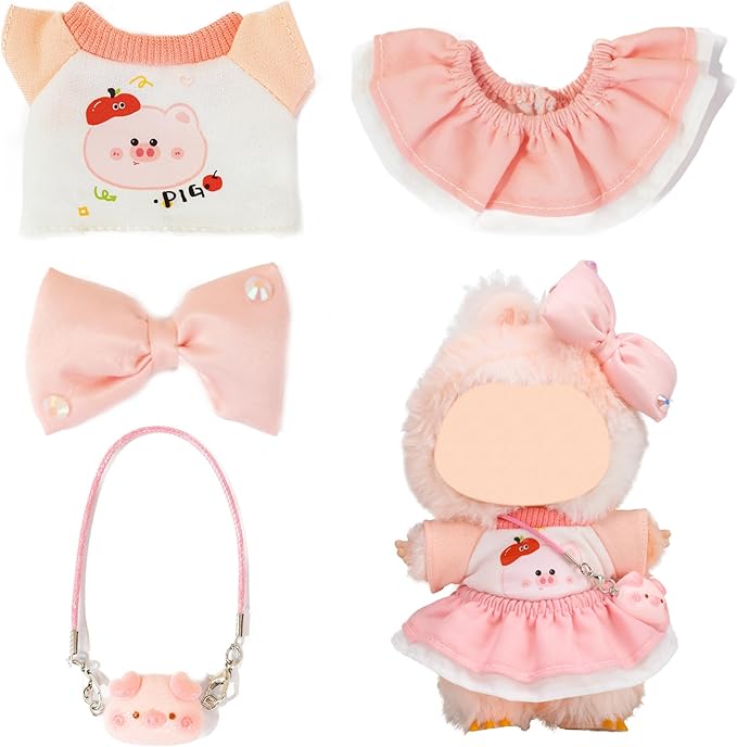 Clothes for Labubu Doll,6.7 Inch Doll Clothing Set - 4 Pieces of Handmade Clothes and Accessories for 17cm Plush Toy - Pink and White Colorblock Piglet Top + Pink Tutu Skirt + Bow Tie