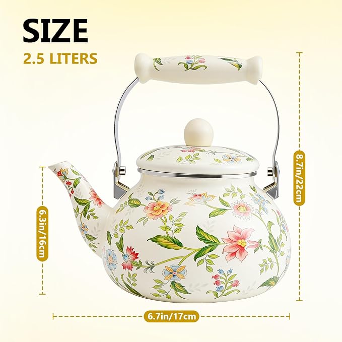 Anxingo Enamel Tea floral Kettle,Tea Kettle Pot for Stove, Top Porcelain Large Enamel Tea Kettle 2.5L,Retro Classic Design