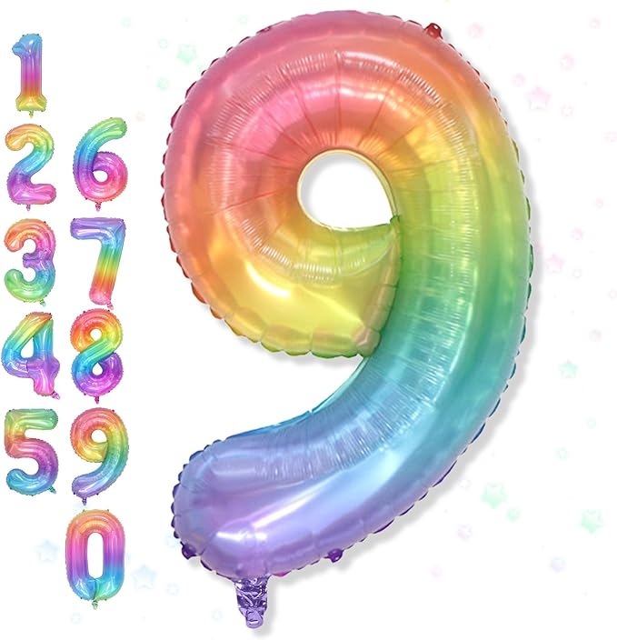 Big Number 9 Balloons, Rainbow Colorful Foil 9 Balloon Numbers 40 Inch, Giant 9th Birthday Party Decor, Pastel Multicolor Mylar Helium Self Inflating Balloon for Kids Birthday Anniversary Decorations