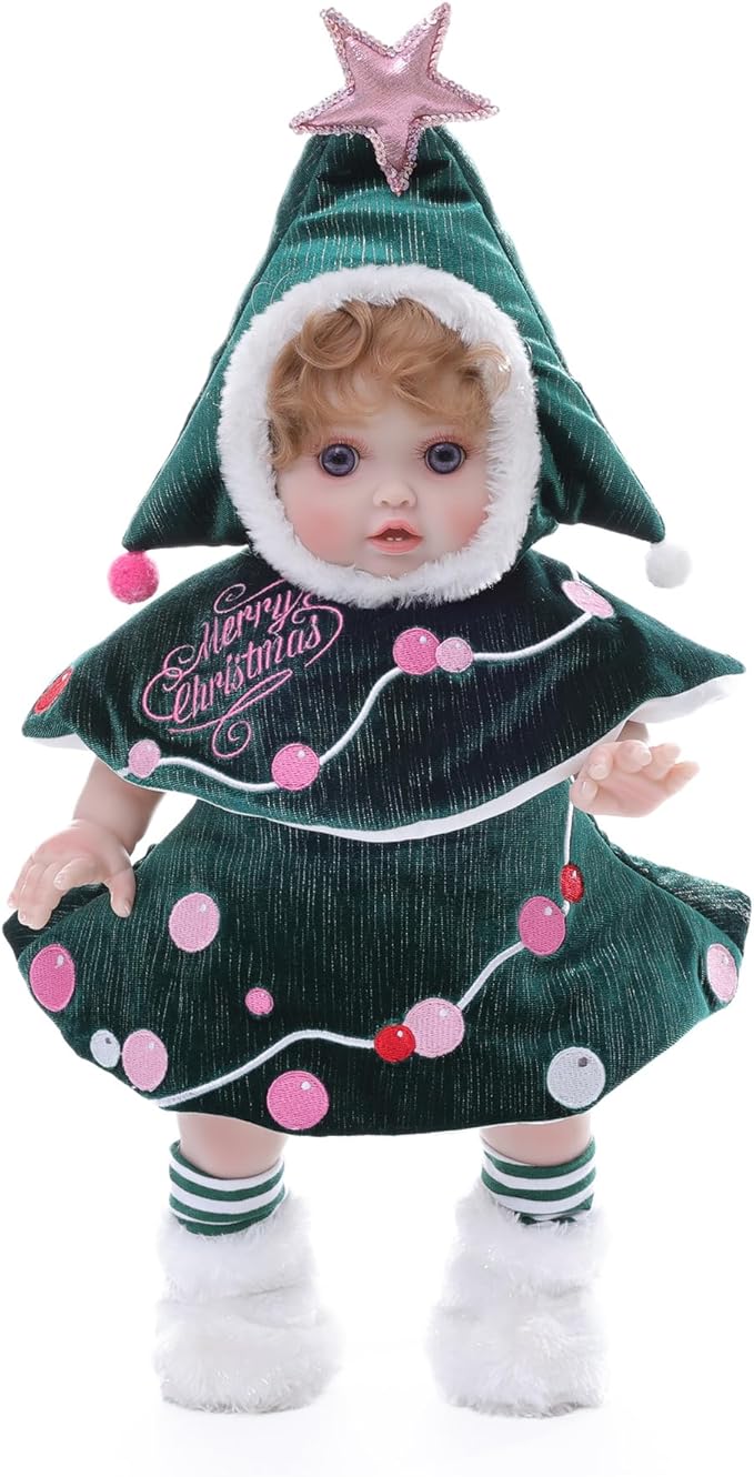 Baby Dolls, 18 Inch Realistic Reborn Full Vinyl Baby Doll with Curly Hair, Hand-Painted Lifelike Details & Cozy Outfit for Girls Ages 3+, Pretend Play, Display & Collection (Green)