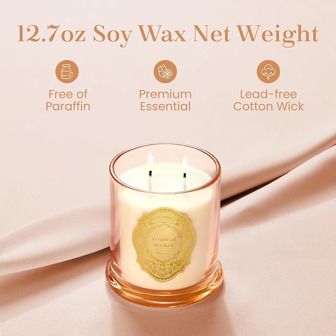 M&SENSE Tropical Basket Candles for Home Scented, 2 Wick 12.7oz Soy Wax Candles 70 Hours Long Burning,Non Toxic Candles Gift for Stress Relief, Meditation, Yoga
