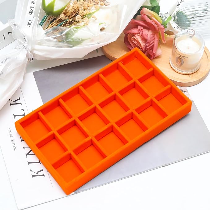 Velvet Jewelry Trays for Drawers, Orange 18 Grids | Stackable Jewelry Drawer Organizer Inserts, Ring Earring Holder Organizer Storage Display Tray with Removable Dividers