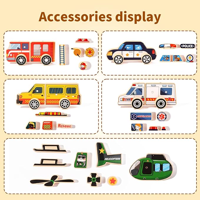 Emergency Vehicle Building Toys,Rescue Squad Wooden Magnetic Connection Building Blocks for Kids 3-8, Montessori Take Apart Toy - Fine Motor Building Toy Gift for 3 4 5 Years Old Kids