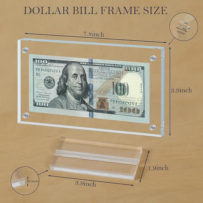 Dollar Bill Frame Display Acrylic Dollar Bill Holder 3.9X7.8Inch for Dollar Bill Display Case Magnet Currency Display Frame Self Standing for Money Ticket Picture Photos (Transparent-20)