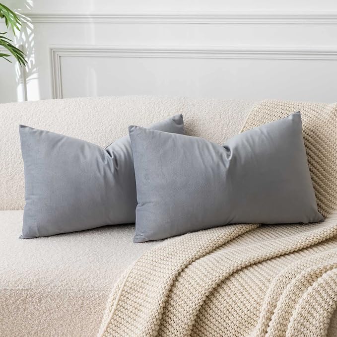 12x20 Lumbar Throw Pillow Covers Set of 2 for Couch Bed Sofa,Silver Gray | Decorative Soft Velvet Cushion Covers with Invisible Zipper for Living Room Bedroom Home Decor