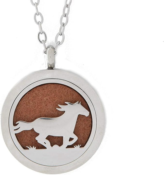 Aromatherapy Essential Oil Diffuser Stainless Steel 30MM Silver Magnetic Locket Pendant 2 Sizes Chain Necklace, Refill Pads & Diffuser Bracelet in a Velvet Bag (horse2)