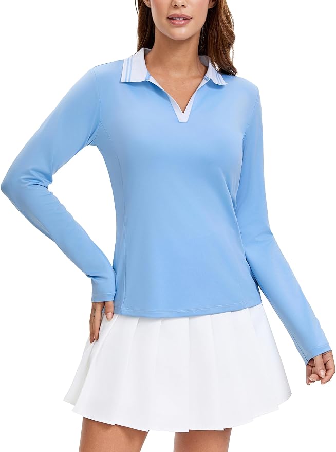 MathCat Womens Golf Shirts, Long Sleeve Polo Shirts Collared V Neck Tennis Shirts Breathable Athletic Tops