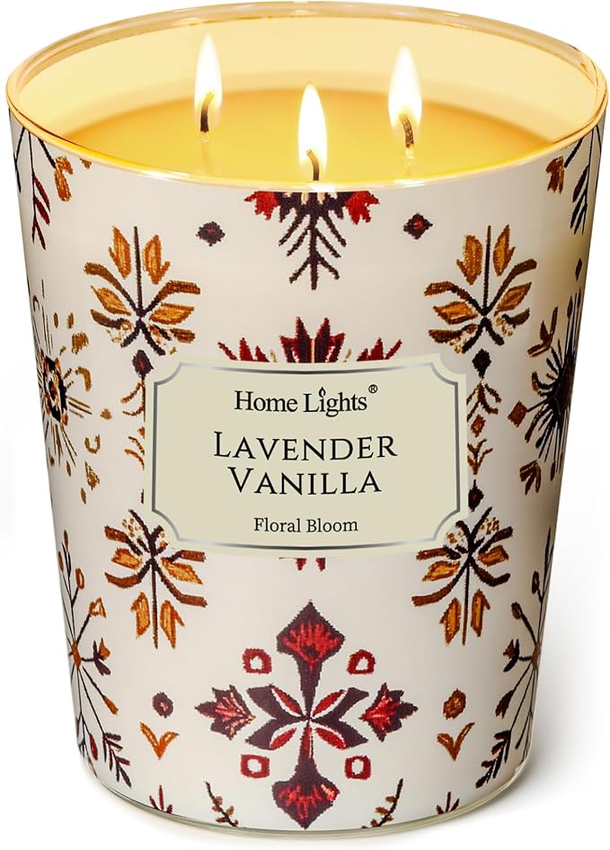 HomeLights Large jar Candle | 3-Wick Long-Lasting Scented Candles, 34oz Natural Soy Wax Candle for Home Scented, Bohemian Natural Textures Gifts for Women & Men, Lavender Vanilla