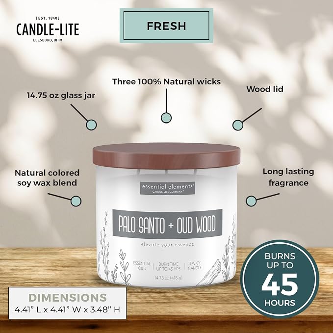 Candle-lite Essential Elements Scented Candles, Palo Santo & Oud Wood, 14.75 oz Jar, Proudly Poured in the USA, Aromatherapy, 3-Wick with 45 Hours of BurnTime, Perfect for Creating a Relaxing Ambiance
