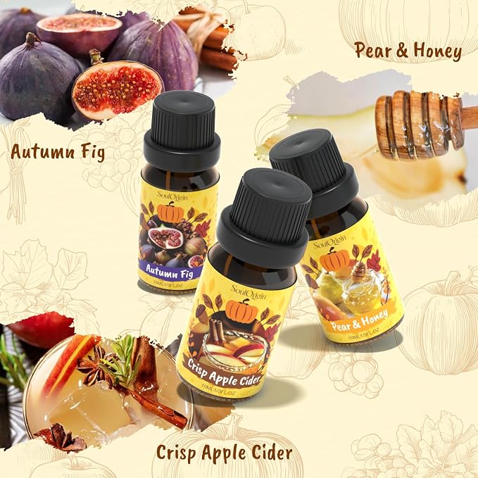 Soulorigin Harvest Fragrance Oils Set, Essential Oil for Diffuser, Fall Diffuser Oil, Use for Soap Candle Making-Crisp Apple cider, Pear&Honey, Golden Hayfield, Maple Grove, Harvest Pumpkin,Autumn Fig