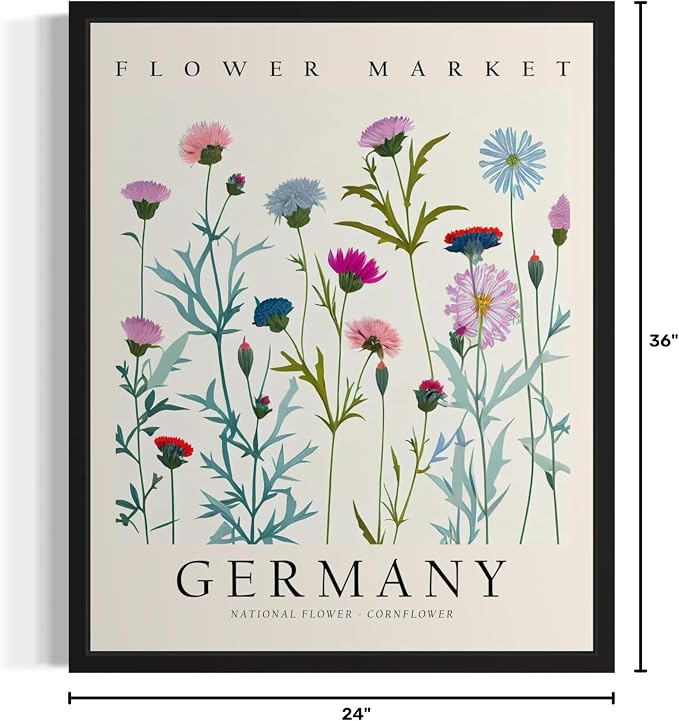 Germany, Cornflower Art Print Poster, Flower Market Wall Art, Floral Artwork Decor for Bedroom, Kitchen, Bathroom, Livingroom Decoration 52 (Germany, Cornflower, 36" L x 24" W, Unframed)