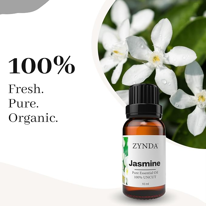 Jasmine Essential Oil 100% Pure and Natural – Organic Jasmine Oil Extract for Skin Care, Hair Treatment, Diffuser, Relaxing Aromatherapy, Body Massage, and Premium Floral Fragrance – 10ml