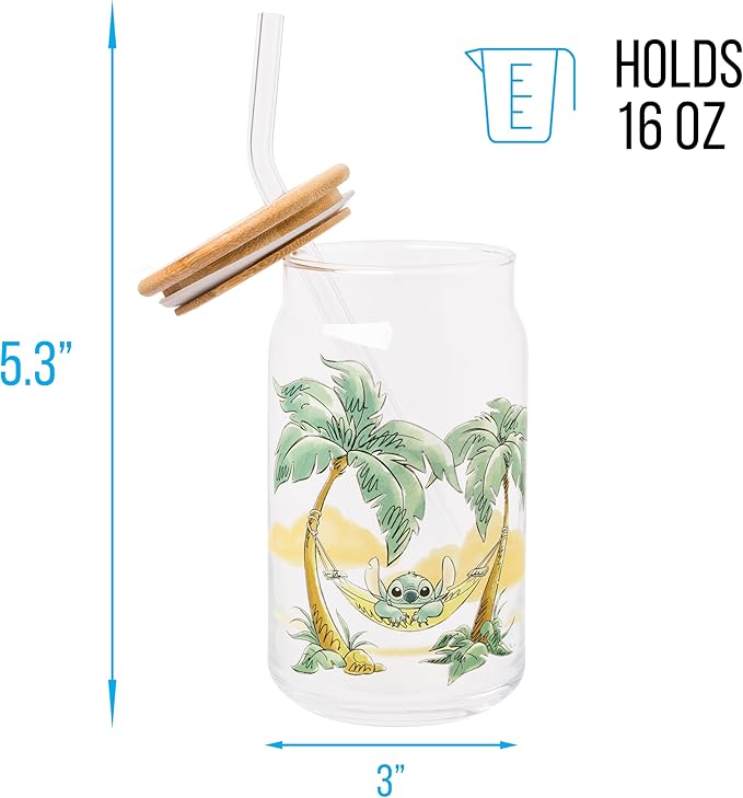 Silver Buffalo Disney Lilo and Stitch Relaxing Chilling in Hammock Island Glass Jar Tumbler with Bamboo Lid and Glass Straw, 16 Ounces (Pack of 12)