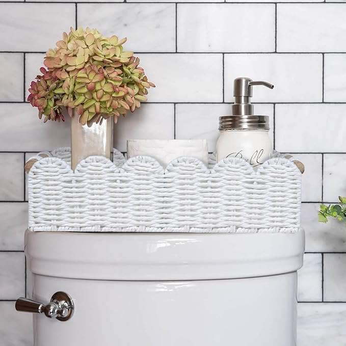 CubesLand Scalloped Toilet Paper Storage Basket W/Handle for Home Decor | Handwoven Toilet Organizer Basket for Countertop, Over Toilet Shelf, End Table, Living Room Cozy Decorative & More, White