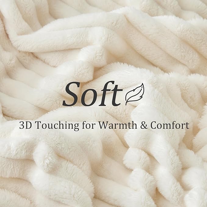 BEDELITE Fleece Throw Blanket for Couch - 300GSM Soft & Warm Fluffy Cream White Blanket, Decorative and Giftable Striped Blankets for Women, Men, 50"x60" (Pack of 2)
