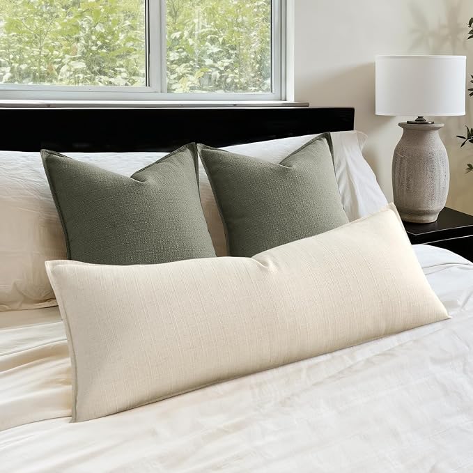 MIULEE Decorative Thick Textured Lumbar Pillow Cover 14x36 in Natural Beige | 1 Pack, Long Linen Blend Body Pillow Cover, Flange Edge Design, Farmhouse Modern Boho Style, Bed Couch Living Room Decor