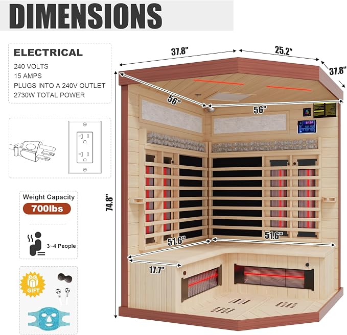 MEISSALIVVE Full Spectrum Infrared Sauna，4 Person Home Sauna， Red Cedar Luxury Indoor Spa Sauna with Resonance Speaker, Panoramic Tempered Glass Door