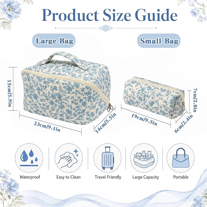 Travel Makeup Bag for Women,Large Capacity Quilted Cosmetic bag， 2PCS Make up Bag Set Open Flat Toiletry Bag for Skincare, Brushes & Travel Essentials (Blue2)