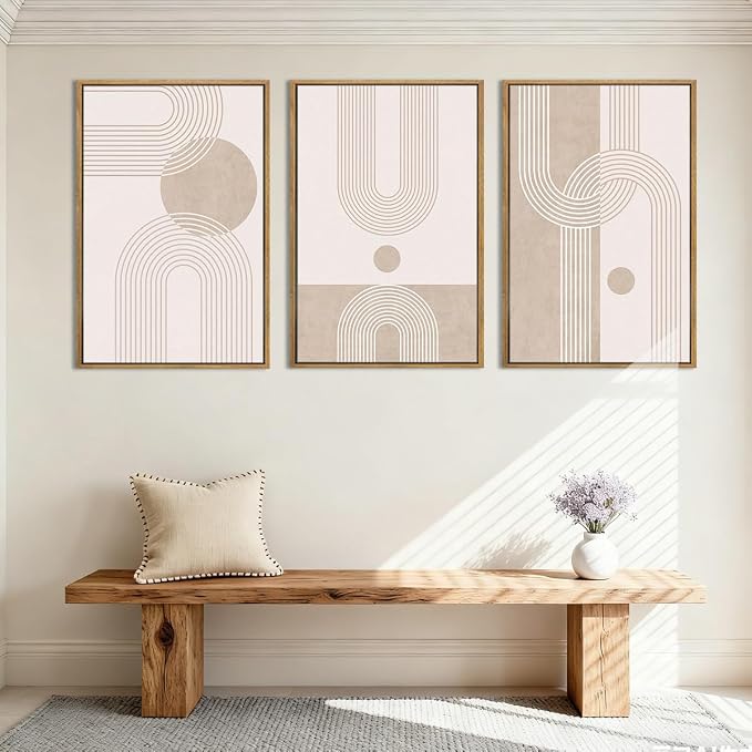 ANHUIB Neutral Boho Abstract Canvas Wall Art Set of 3 Framed Mid Century Modern Wall Decor Beige Geometric Line Artwork Minimalist Prints 16x24 Inch Painting for Living Room Bedroom Dining Room Office