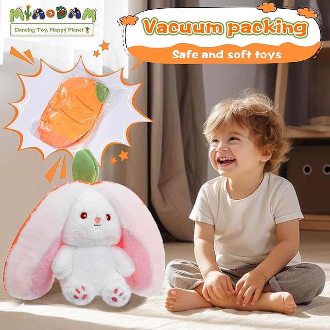 MIAODAM Cuddly Bunny Stuffed Animal, Kawaii Squishy Cute Easter Bunny Plush Turn Into Rabbit Fruit Doll Carrot Strawberry Pillow, Plushies Funny Bunny Toy for Baby (Carrot Rabbit, 10inch)