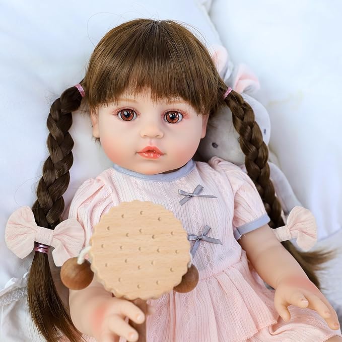 SCOM Lifelike Reborn Doll, Full Silicone Body - 18 Inch Realistic Dolls Girl with Long Hair Handmade, With Cloths and Accessories, For Christmas, Birthdays, Idea Gift for Mothers, Girls and Collectors