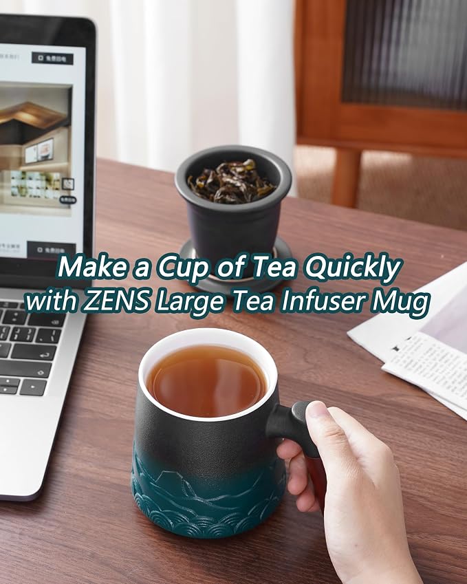ZENS Tea Cup with Infuser and Lid for Loose Leaf Steeping, 16.9oz Embossed Ceramic Tea Infuser Mug, Wood Handle Tea Diffuser, Great Gift