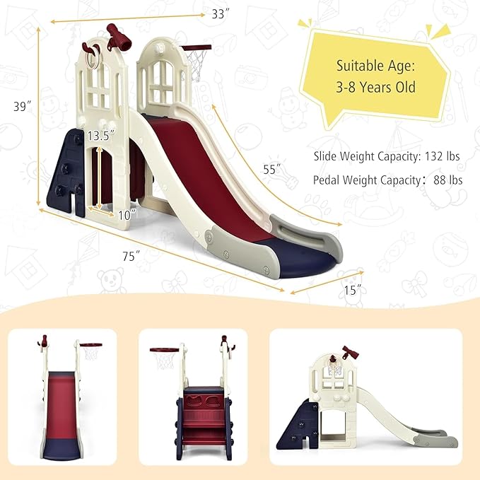 Generic FUTADA 6 in 1 Toddler Slide, Indoor & Outdoor Playground Set with Basketball Hoop, Ring Toss, Telescope, Crawl Through Space, Kids Climber Slide Gift for Indoors Outdoor Boys Girls (Blue)