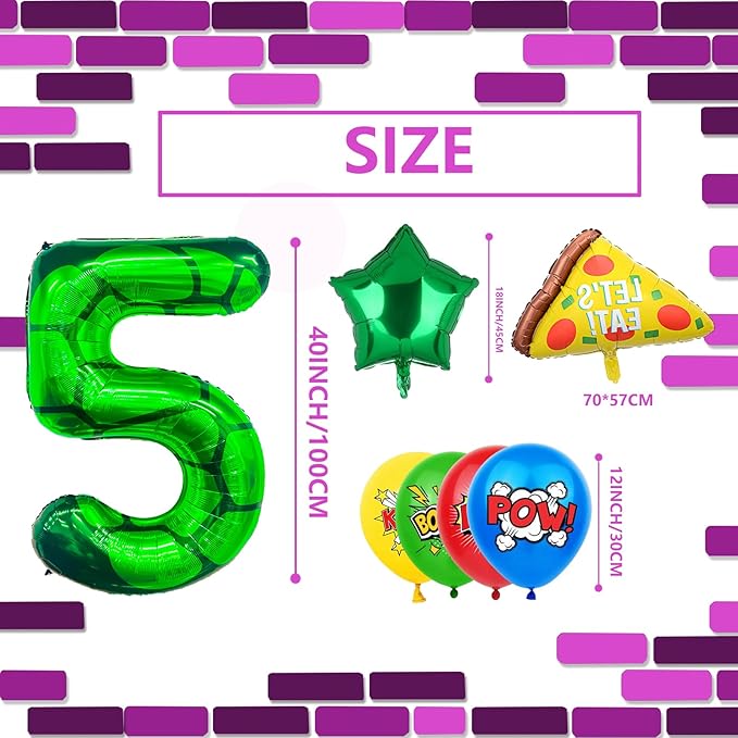 7Pcs Cartoon Turtle Theme Birthday Decorations 40 Inch Number 5 Foil Balloons Super Green Turtle Themed Hero Large Mylar 5th Number Balloon Video Game Pizza Balloons Party Favors Red