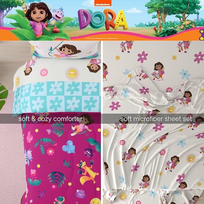 Dora The Explorer Kids Bedding Set Super Soft & Cozy Reversible Microfiber Comforter and Sheet Set with Sham, 7 Piece Full Size, (Officially Licensed Product) by Franco
