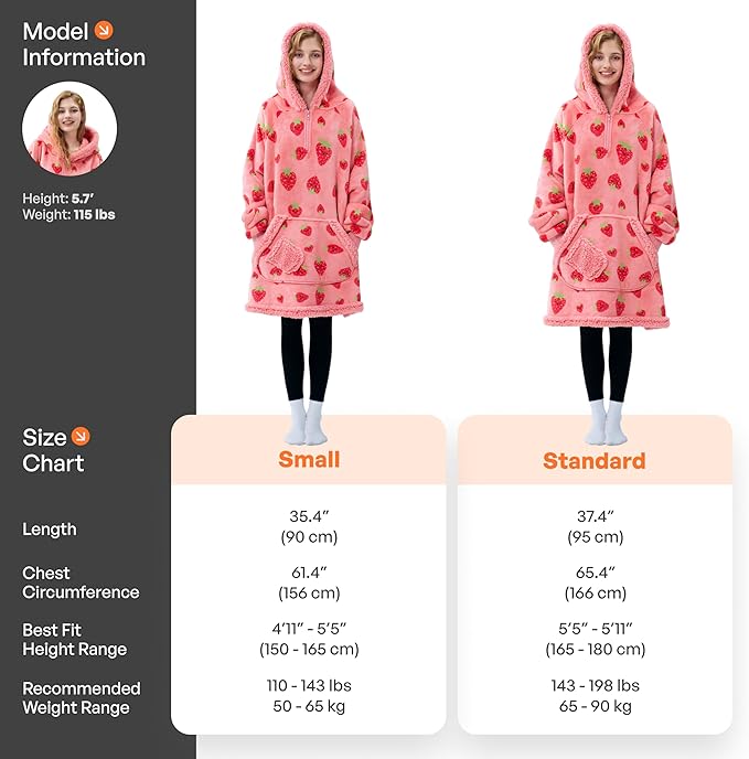 Giggling Getup Wearable Blanket Hoodie for Adults Gifts for Teen Girls Sister Women Sherpa Fleece Printed Hooded Blanket Sweatshirt Warm Cozy with Pocket & Sleeves Strawberry