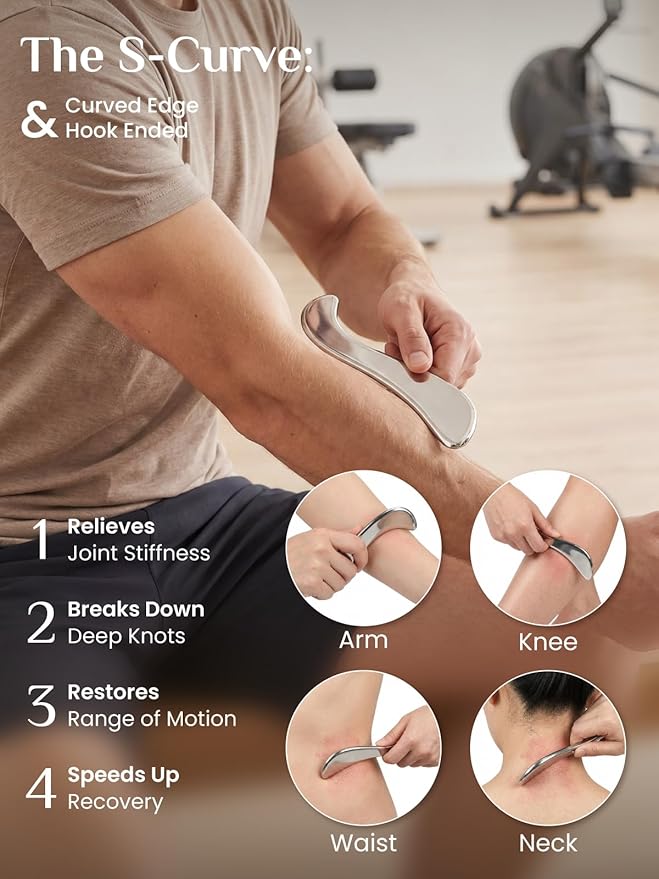 Rena Chris Gua Sha & Muscle Scraper Tool, Stainless Steel Body & Face Gua Sha Set for Deep Tissue Massage & Lymphatic Drainage, Guide & Travel Pouch Included (3-Piece Kit)