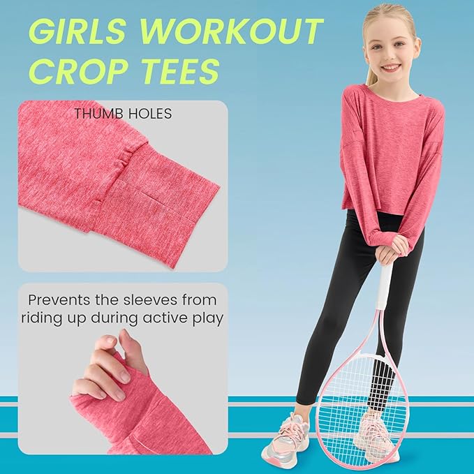 Gogokids Girls Shirts Long Sleeve Athletic Shirts Open Back Tops Active Sports Tshirts Yoga Workout Crop Tees 5-14 Years