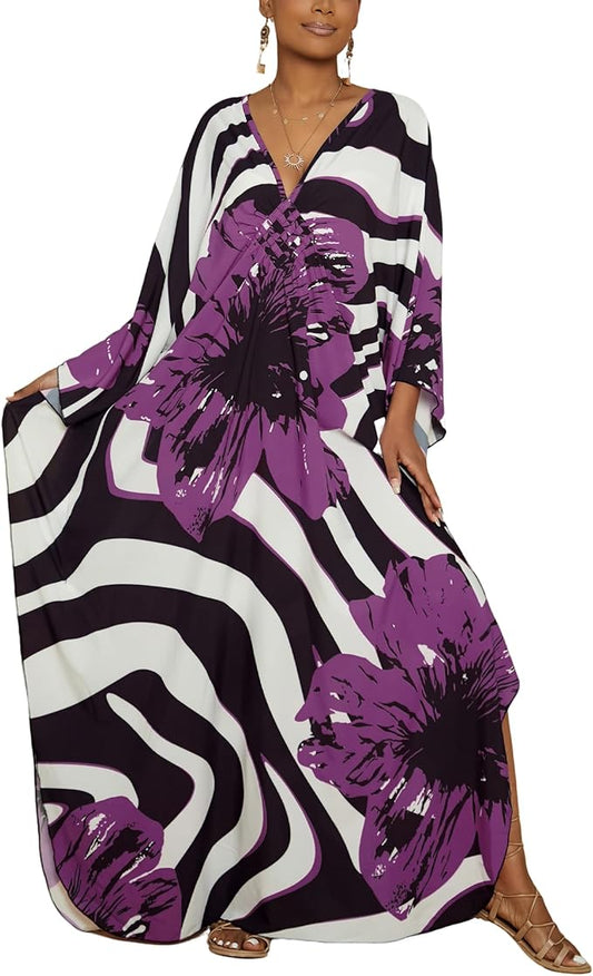 Bsubseach Kaftan Dresses for Women Floral Print Plus Size Beach Cover Up | Lightweight V Neck Loose Fit Boho Dress, Batwing Sleeve Side Slit, Moo Moos for Women Home Loungwear Cruise Resort Wear