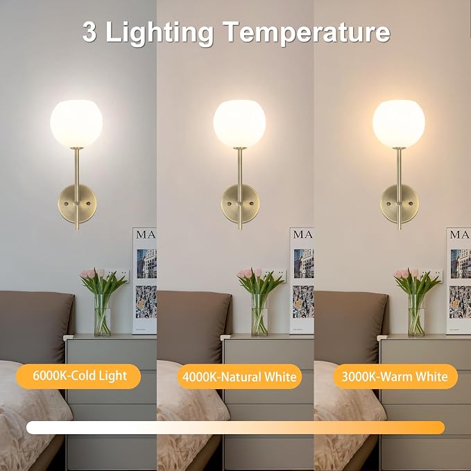 Brass Battery Operated Wall Sconces Set of 2, Rechargeable Wireless Wall Lights with Milky White Frosted Glass, 12 RGB and 3CCT Dimmable, Wall Lamps with Remote for Bedroom Living Room Hallway