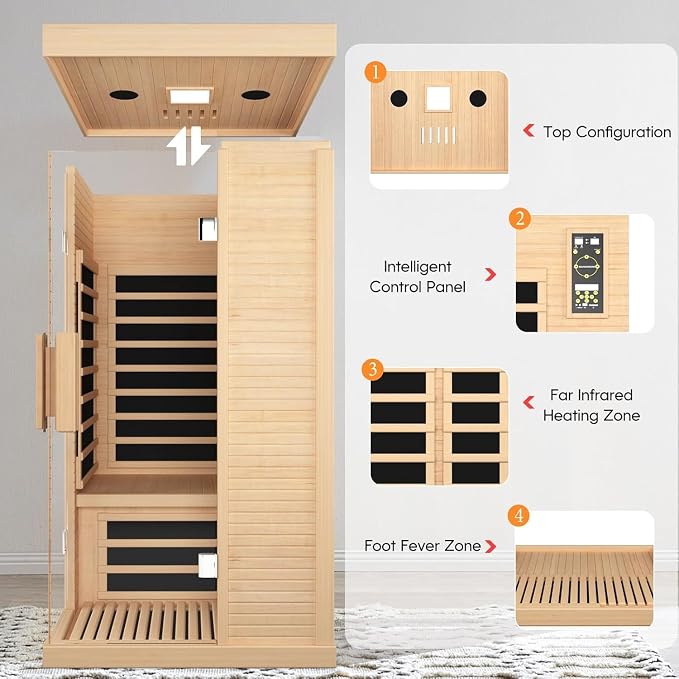 Infrared Sauna 1 Person Far Infrared Home Sauna for Men Women Elder | Canadian Hemlock Wood Low EMF Dry Sauna with Speakers Oxygen Bar 7 Color Light 1420W Fast Heating Easy Assembly 33.5x33.5x69"