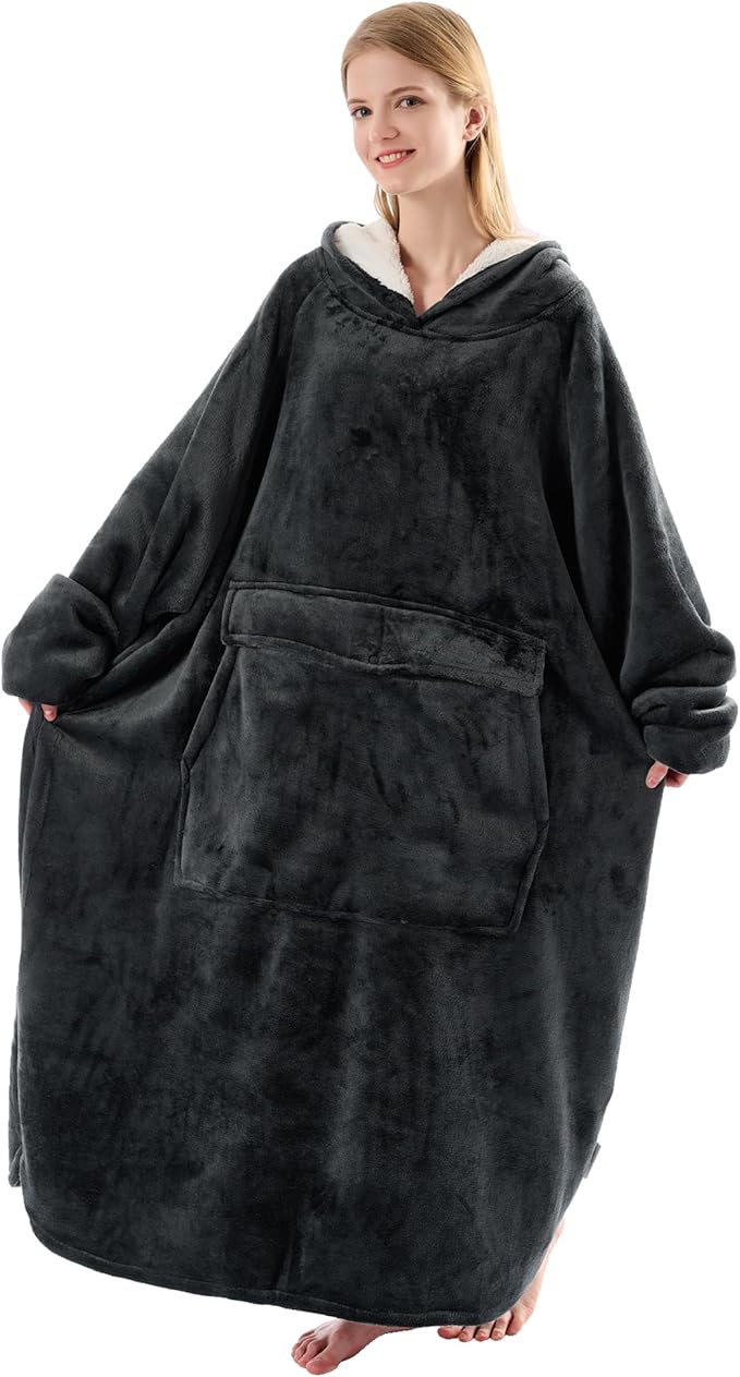Krifey Big & Tall Wearable Blanket Hoodie with Cat Pocket, Extra Long Oversized Fleece Blanket for Adults, Cozy Birthday Gifts, Christmas Gifts